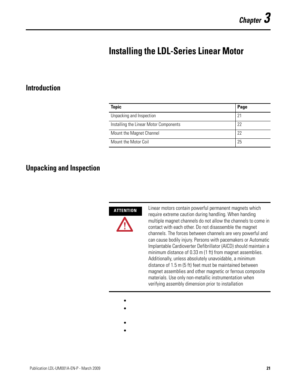 Installing the ldl-series linear motor, Introduction, Unpacking and inspection | Chapter 3, Introduction unpacking and inspection, Chapter | Rockwell Automation LDL Ironless Linear Servo Motors User Manual | Page 21 / 84