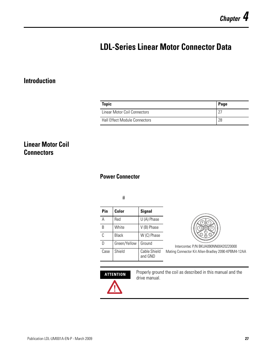 Ldl-series linear motor connector data, Introduction, Linear motor coil connectors | Chapter 4, Introduction linear motor coil connectors, Power connector, Chapter | Rockwell Automation LDL Ironless Linear Servo Motors User Manual | Page 27 / 84