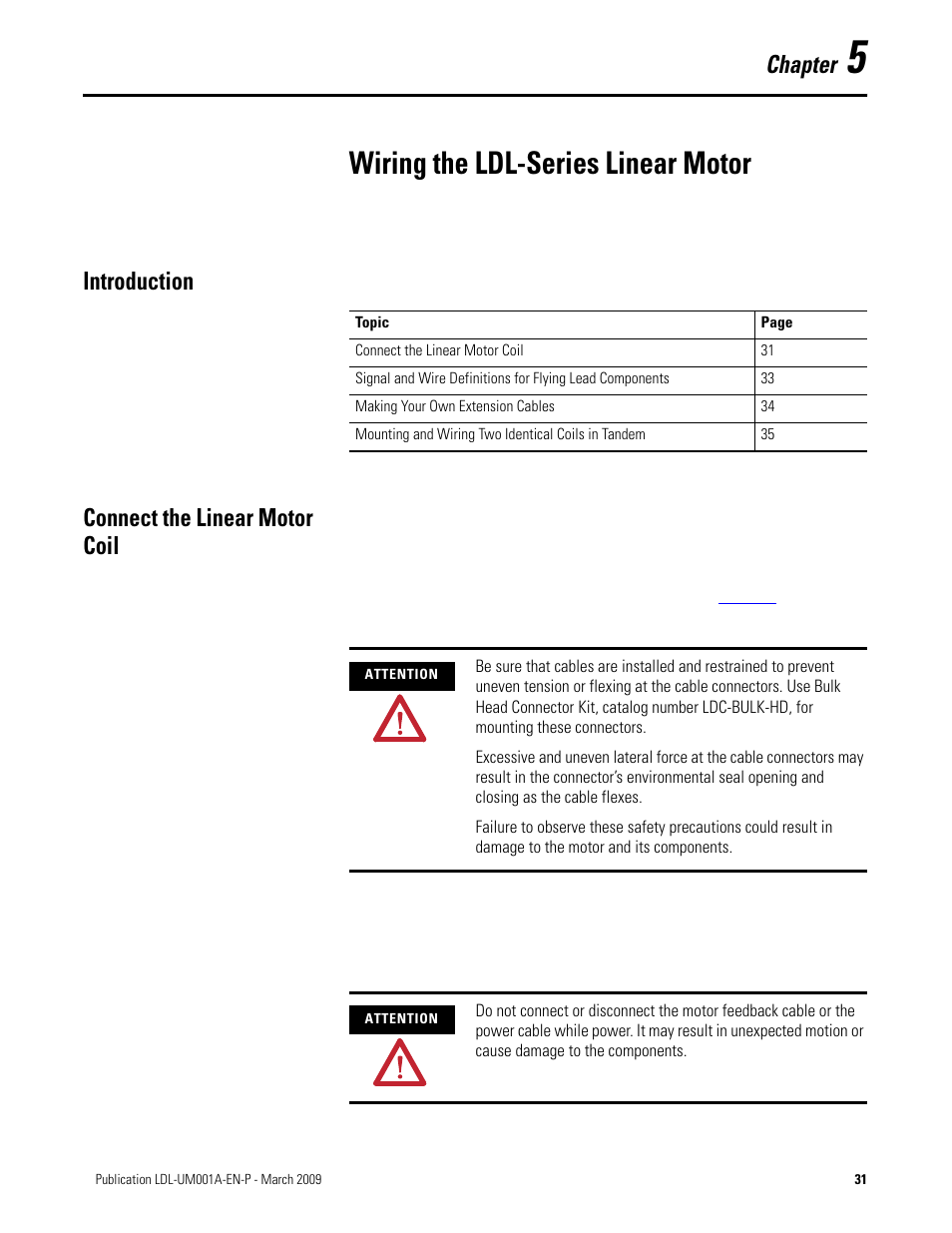 Wiring the ldl-series linear motor, Introduction, Connect the linear motor coil | Chapter 5, Introduction connect the linear motor coil, Chapter | Rockwell Automation LDL Ironless Linear Servo Motors User Manual | Page 31 / 84