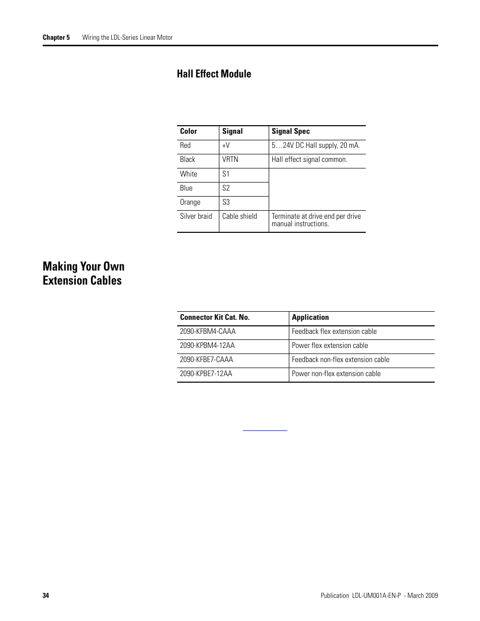 Making your own extension cables, Hall effect module | Rockwell Automation LDL Ironless Linear Servo Motors User Manual | Page 34 / 84