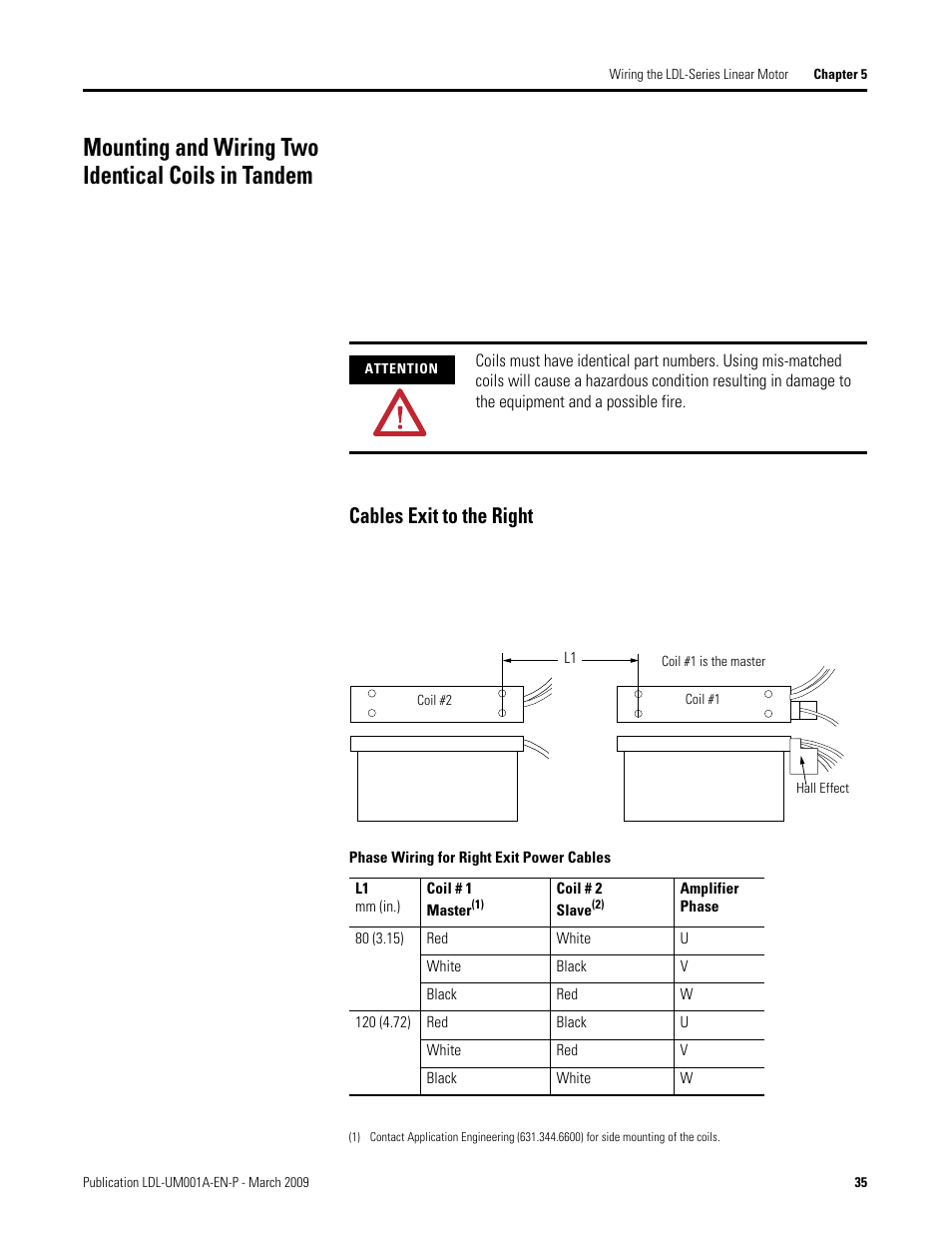Mounting and wiring two identical coils in tandem, Cables exit to the right | Rockwell Automation LDL Ironless Linear Servo Motors User Manual | Page 35 / 84