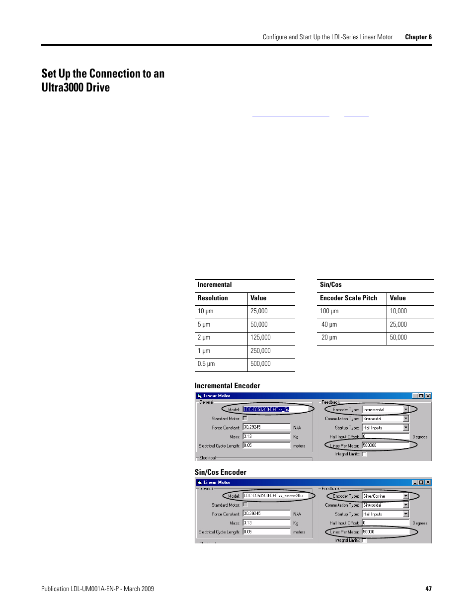 Set up the connection to an ultra3000 drive, Incremental encoder, Sin/cos encoder | Rockwell Automation LDL Ironless Linear Servo Motors User Manual | Page 47 / 84