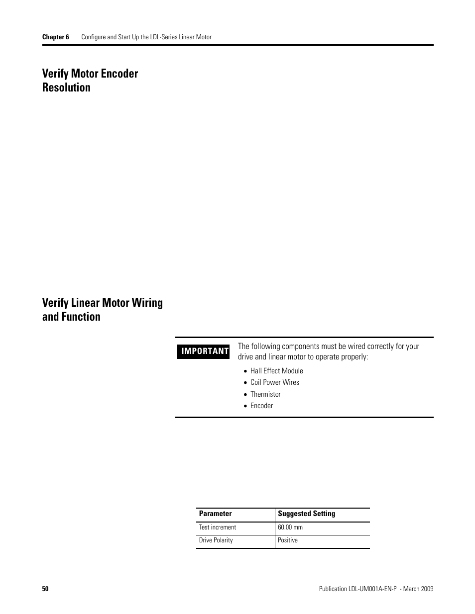 Verify motor encoder resolution, Verify linear motor wiring and function | Rockwell Automation LDL Ironless Linear Servo Motors User Manual | Page 50 / 84