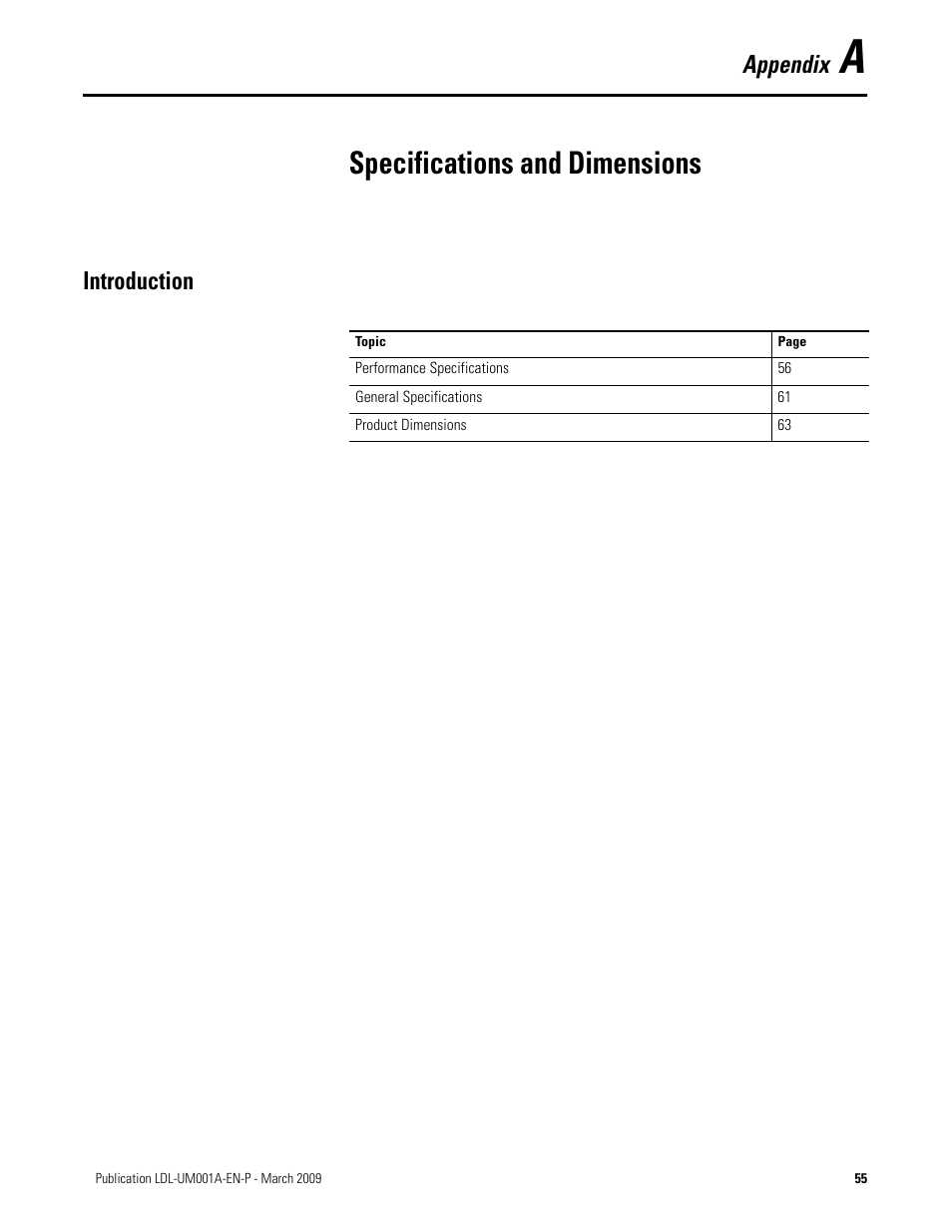 Specifications and dimensions, Introduction, Appendix a | Appendix | Rockwell Automation LDL Ironless Linear Servo Motors User Manual | Page 55 / 84