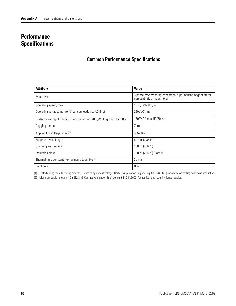 Performance specifications, Common performance specifications | Rockwell Automation LDL Ironless Linear Servo Motors User Manual | Page 56 / 84