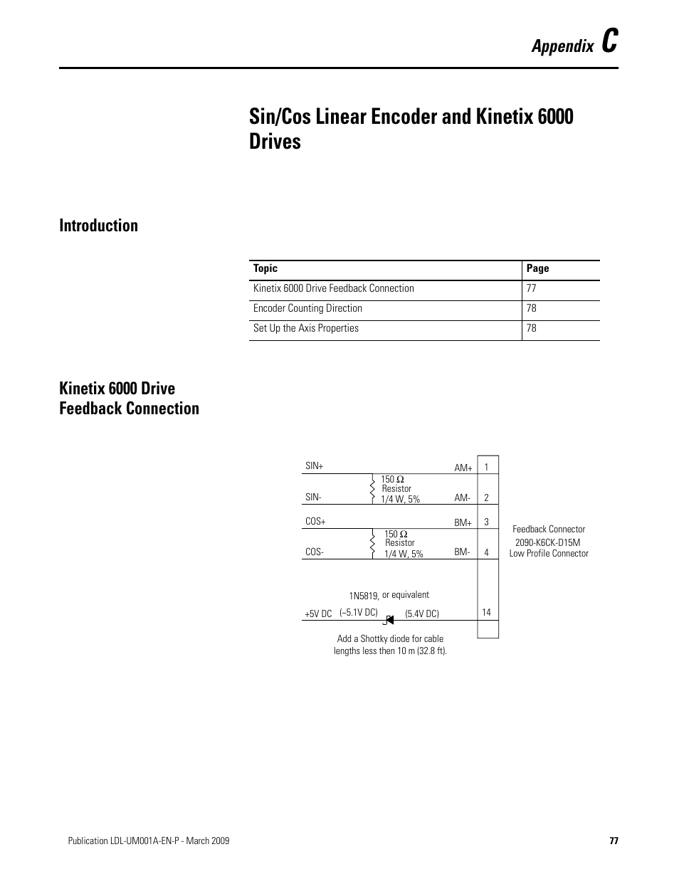 Sin/cos linear encoder and kinetix 6000 drives, Introduction, Kinetix 6000 drive feedback connection | Appendix c, Encoder with kinetix 6000 drives refer to, Appendix | Rockwell Automation LDL Ironless Linear Servo Motors User Manual | Page 77 / 84