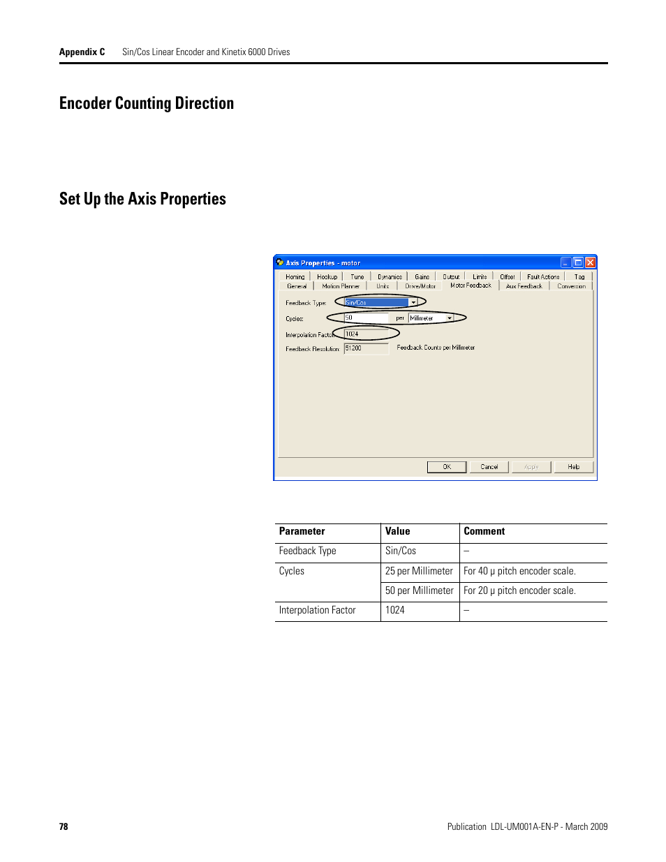 Encoder counting direction, Set up the axis properties | Rockwell Automation LDL Ironless Linear Servo Motors User Manual | Page 78 / 84