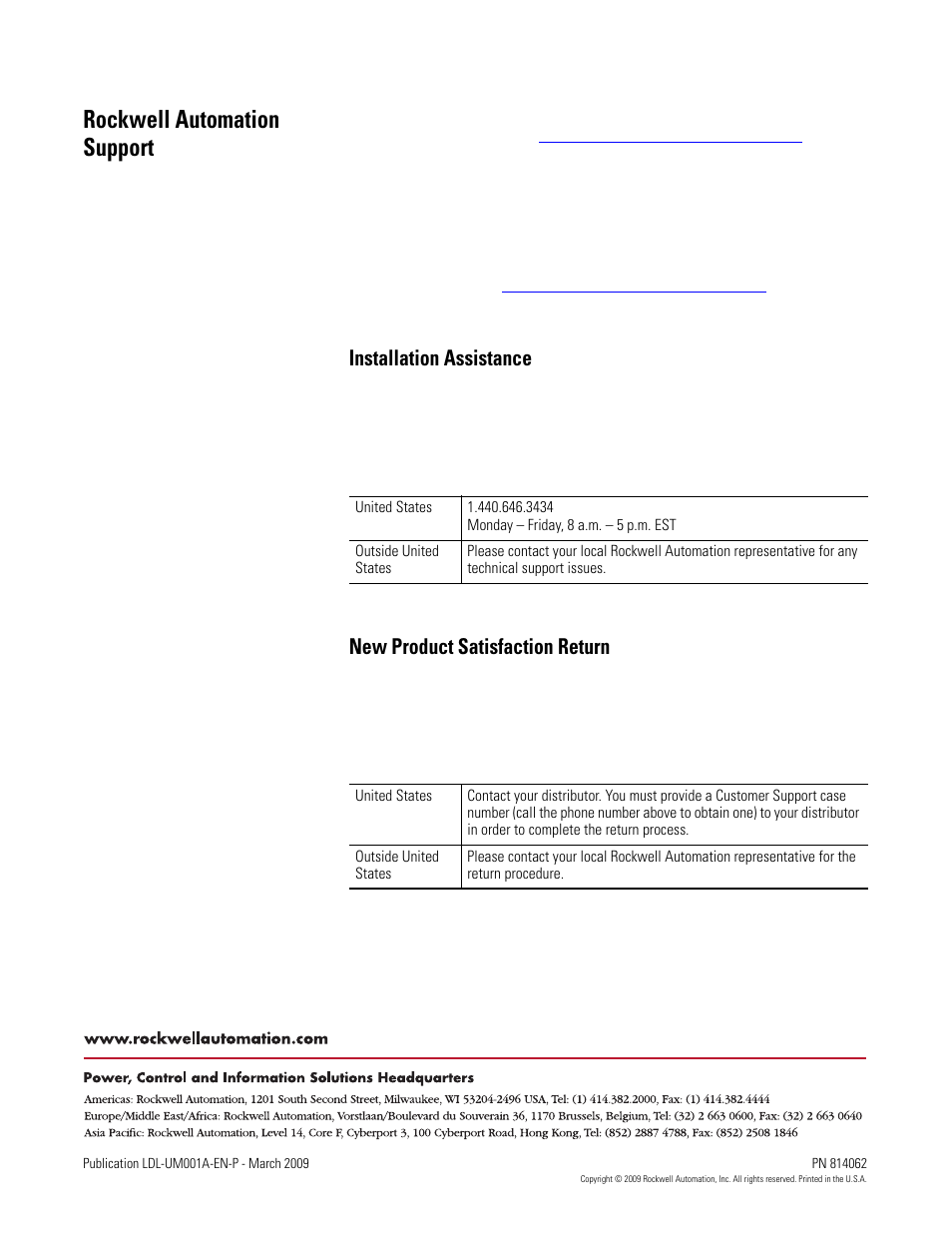 Back cover, Rockwell automation support, Installation assistance | New product satisfaction return | Rockwell Automation LDL Ironless Linear Servo Motors User Manual | Page 84 / 84