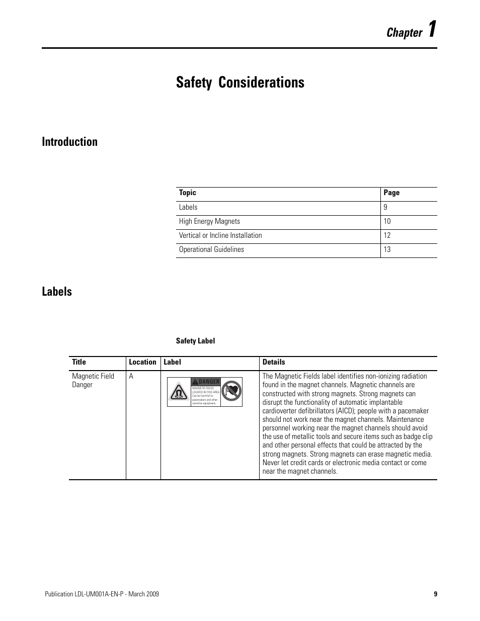 Safety considerations, Introduction, Labels | Chapter 1, Introduction labels, Chapter | Rockwell Automation LDL Ironless Linear Servo Motors User Manual | Page 9 / 84