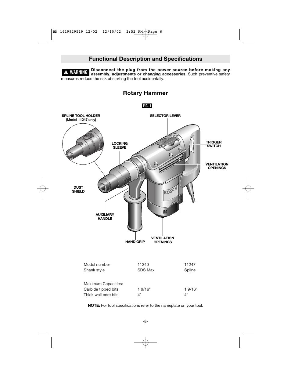 Functional description and specifications, Rotary hammer | Bosch 11247 User Manual | Page 6 / 28