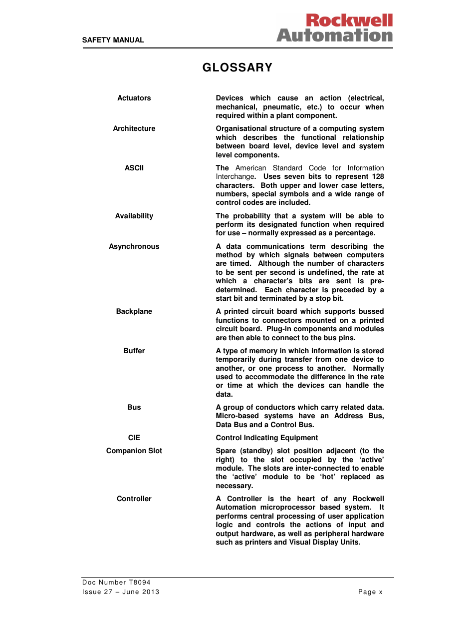 Glossary | Rockwell Automation T8094 8000 Series TMR System Safety Manual User Manual | Page 10 / 124