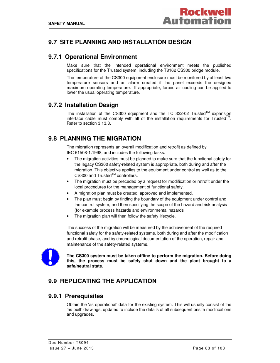 2 installation design, 8 planning the migration, 9 replicating the application 9.9.1 prerequisites | Rockwell Automation T8094 8000 Series TMR System Safety Manual User Manual | Page 104 / 124