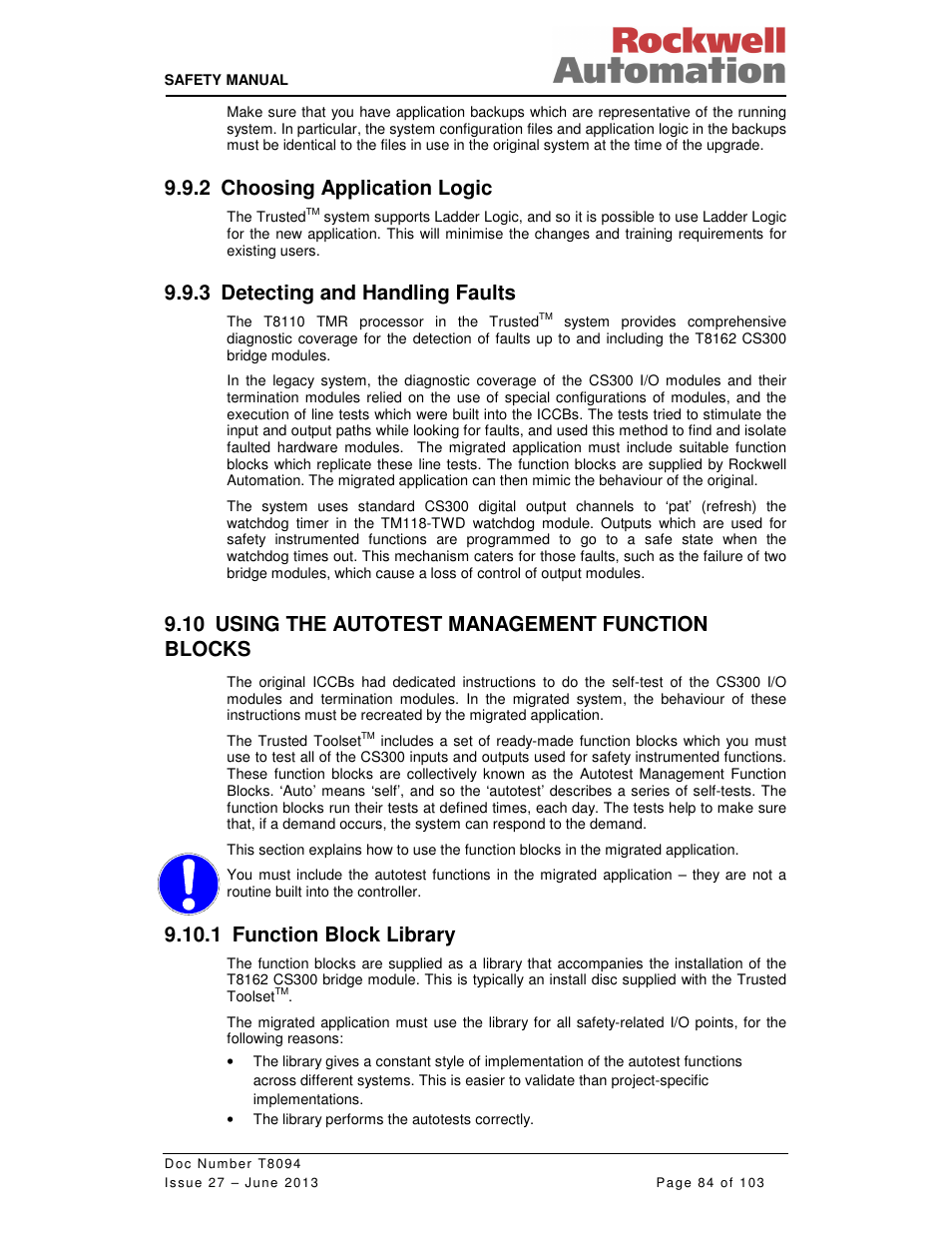 2 choosing application logic, 3 detecting and handling faults, 10 using the autotest management function blocks | 1 function block library | Rockwell Automation T8094 8000 Series TMR System Safety Manual User Manual | Page 105 / 124