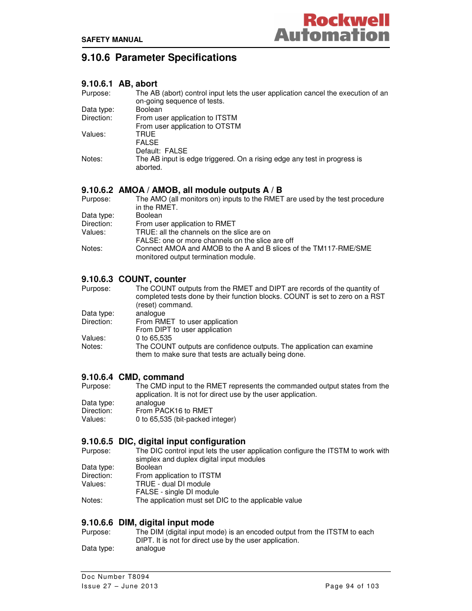 6 parameter specifications | Rockwell Automation T8094 8000 Series TMR System Safety Manual User Manual | Page 115 / 124