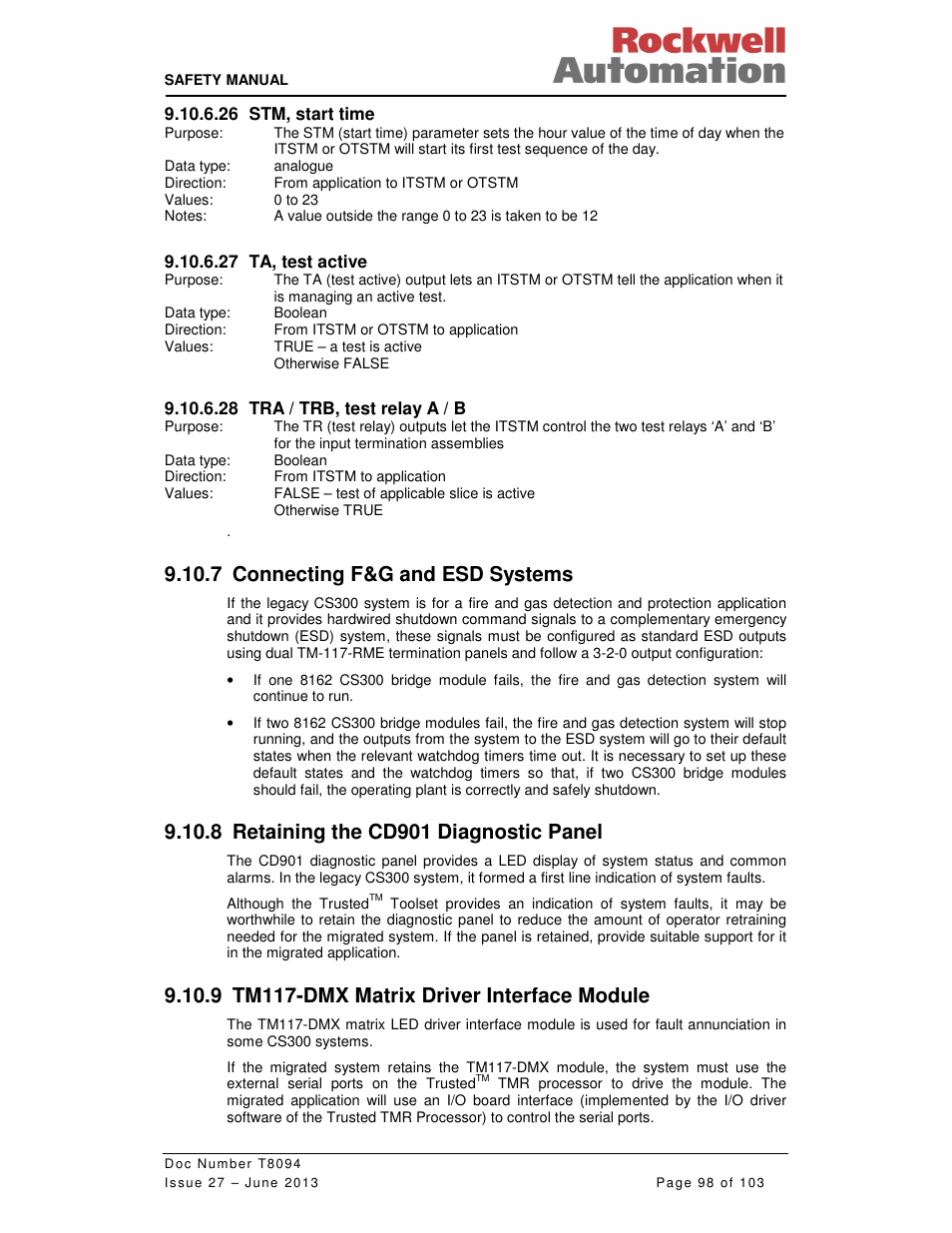 7 connecting f&g and esd systems, 8 retaining the cd901 diagnostic panel, 9 tm117-dmx matrix driver interface module | Rockwell Automation T8094 8000 Series TMR System Safety Manual User Manual | Page 119 / 124
