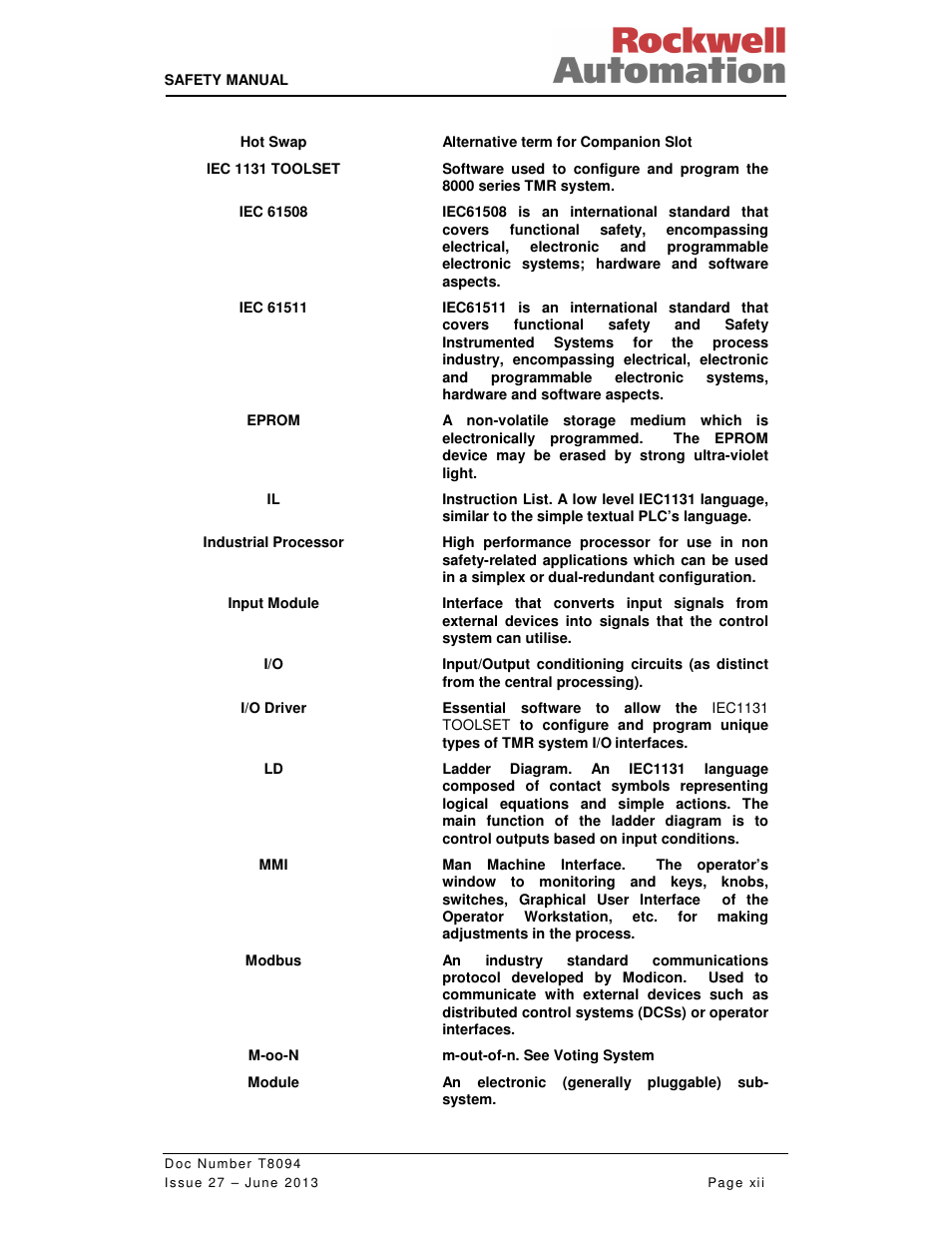 Rockwell Automation T8094 8000 Series TMR System Safety Manual User Manual | Page 12 / 124