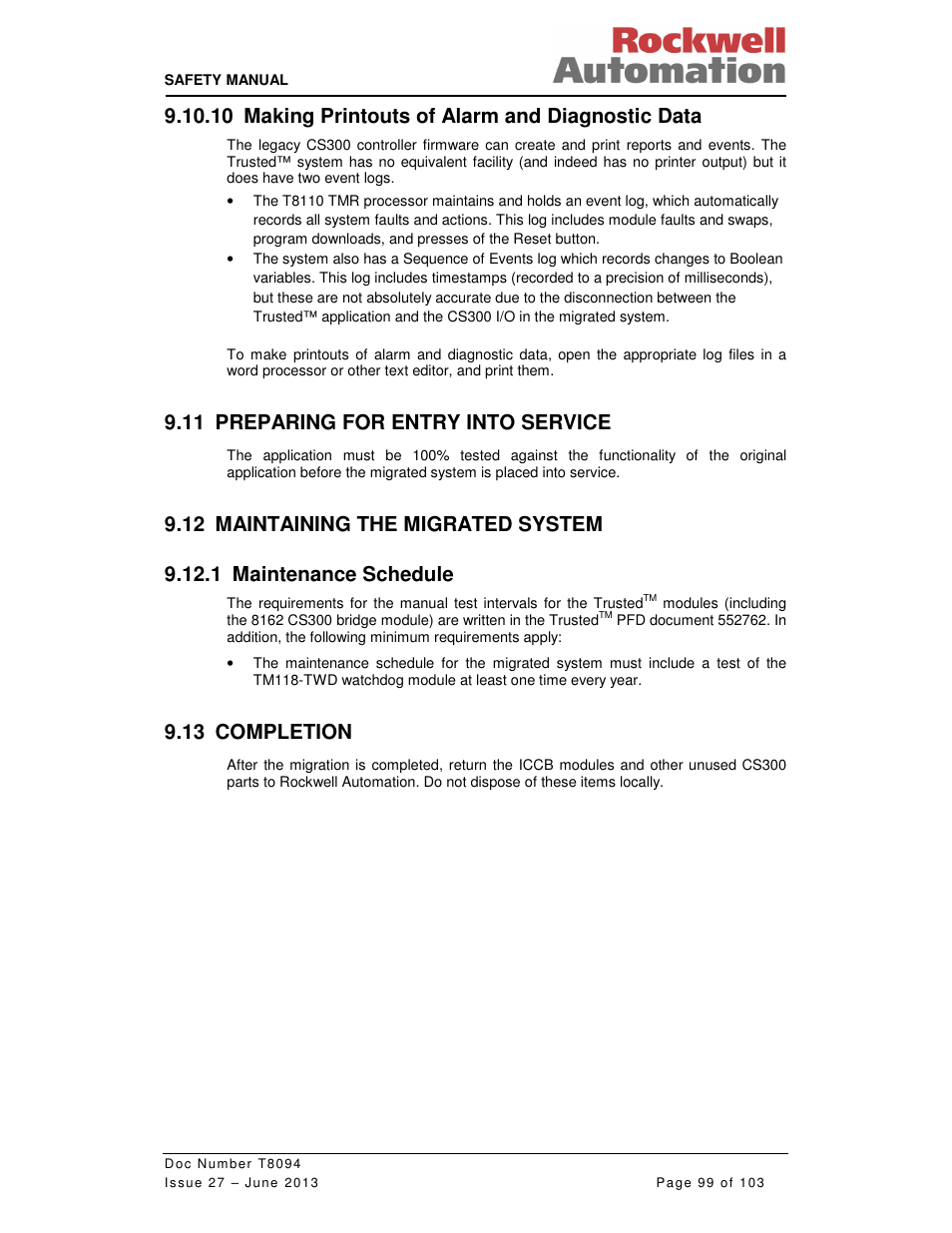 10 making printouts of alarm and diagnostic data, 11 preparing for entry into service, 13 completion | Rockwell Automation T8094 8000 Series TMR System Safety Manual User Manual | Page 120 / 124