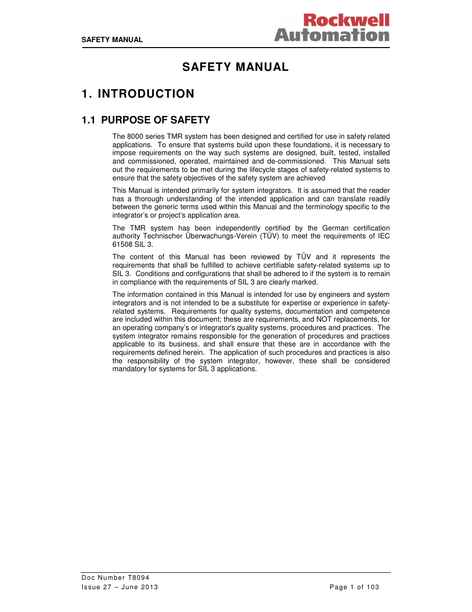 Safety manual 1. introduction, 1 purpose of safety | Rockwell Automation T8094 8000 Series TMR System Safety Manual User Manual | Page 22 / 124