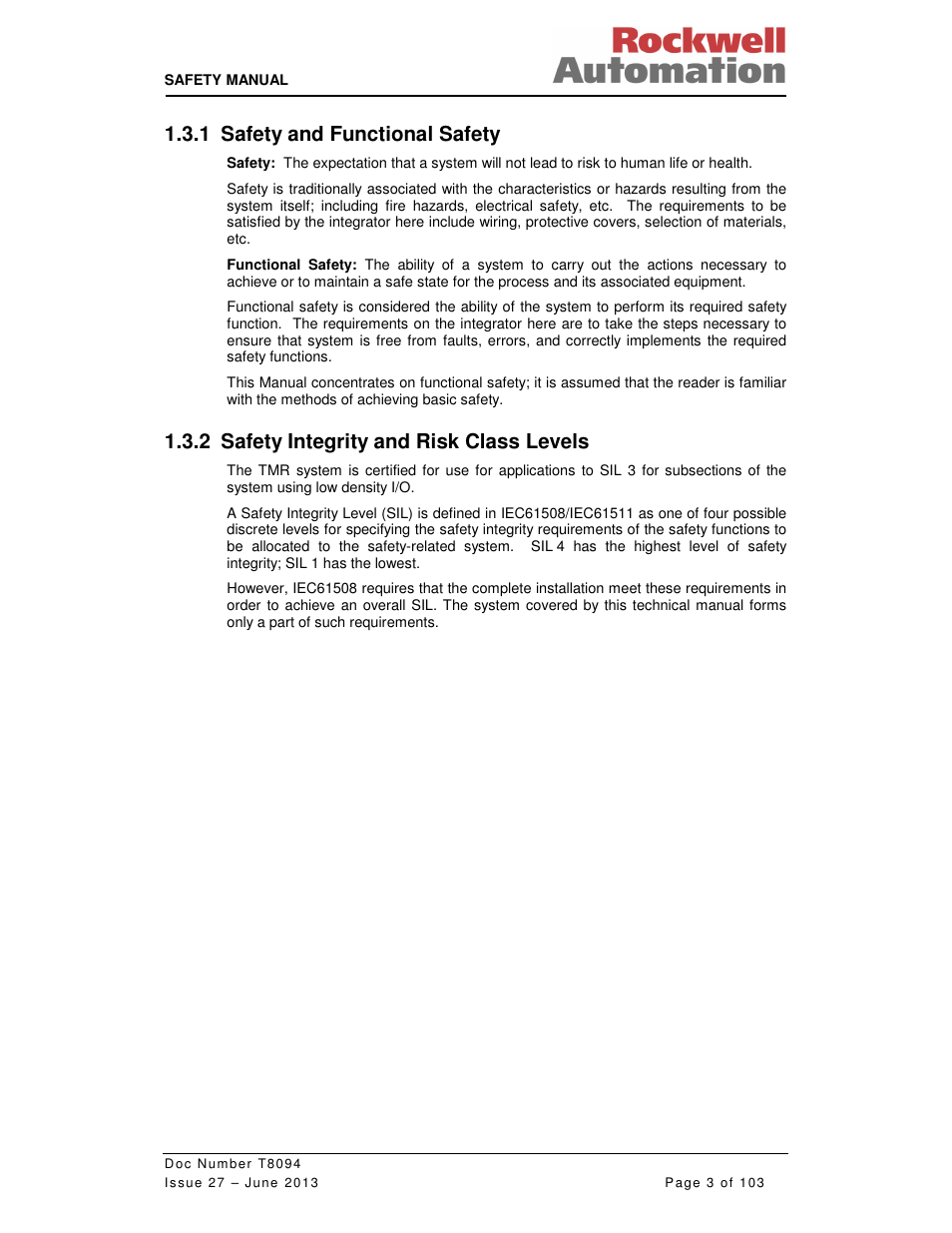 1 safety and functional safety, 2 safety integrity and risk class levels | Rockwell Automation T8094 8000 Series TMR System Safety Manual User Manual | Page 24 / 124