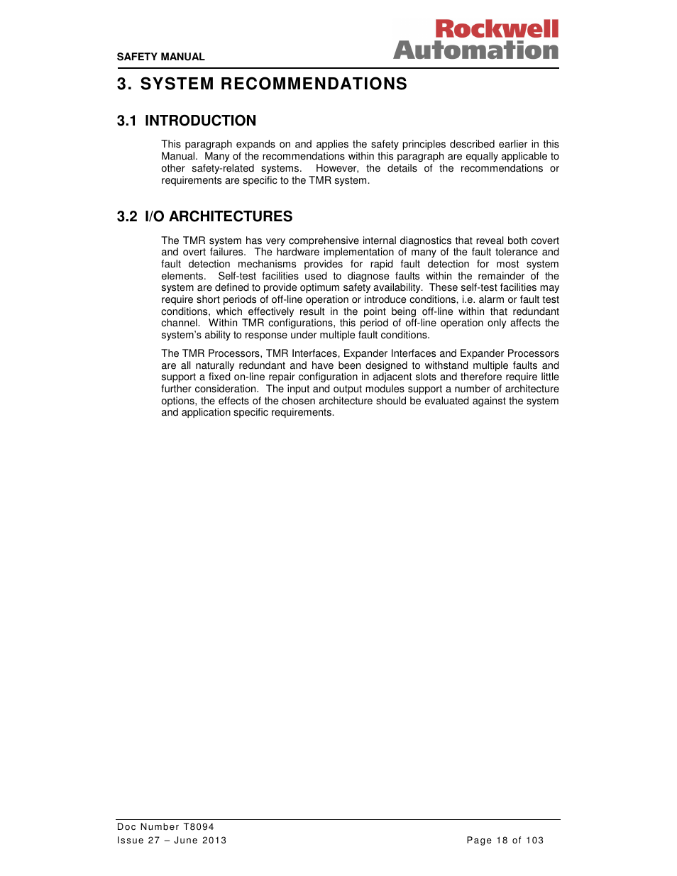 System recommendations, 1 introduction, 2 i/o architectures | Rockwell Automation T8094 8000 Series TMR System Safety Manual User Manual | Page 39 / 124