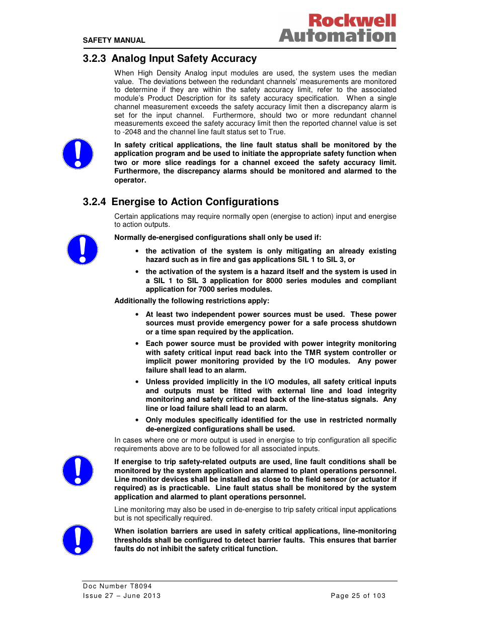 3 analog input safety accuracy, 4 energise to action configurations | Rockwell Automation T8094 8000 Series TMR System Safety Manual User Manual | Page 46 / 124