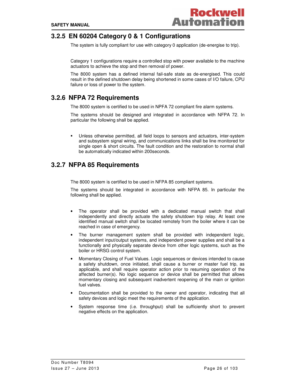 6 nfpa 72 requirements, 7 nfpa 85 requirements | Rockwell Automation T8094 8000 Series TMR System Safety Manual User Manual | Page 47 / 124