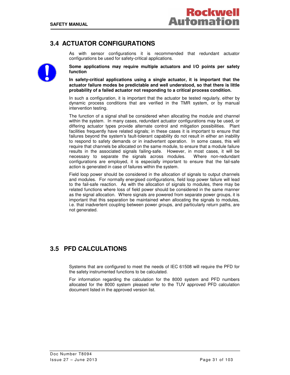 4 actuator configurations, 5 pfd calculations | Rockwell Automation T8094 8000 Series TMR System Safety Manual User Manual | Page 52 / 124