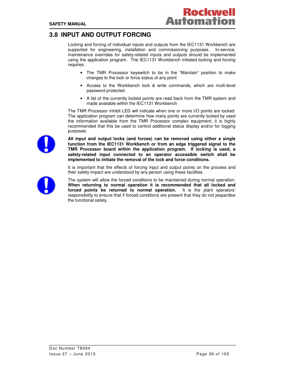 8 input and output forcing | Rockwell Automation T8094 8000 Series TMR System Safety Manual User Manual | Page 57 / 124