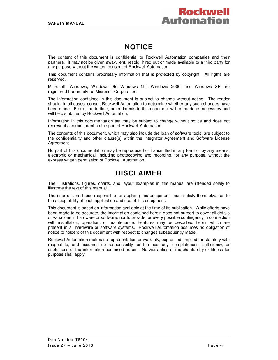 Notice, Disclaimer | Rockwell Automation T8094 8000 Series TMR System Safety Manual User Manual | Page 6 / 124