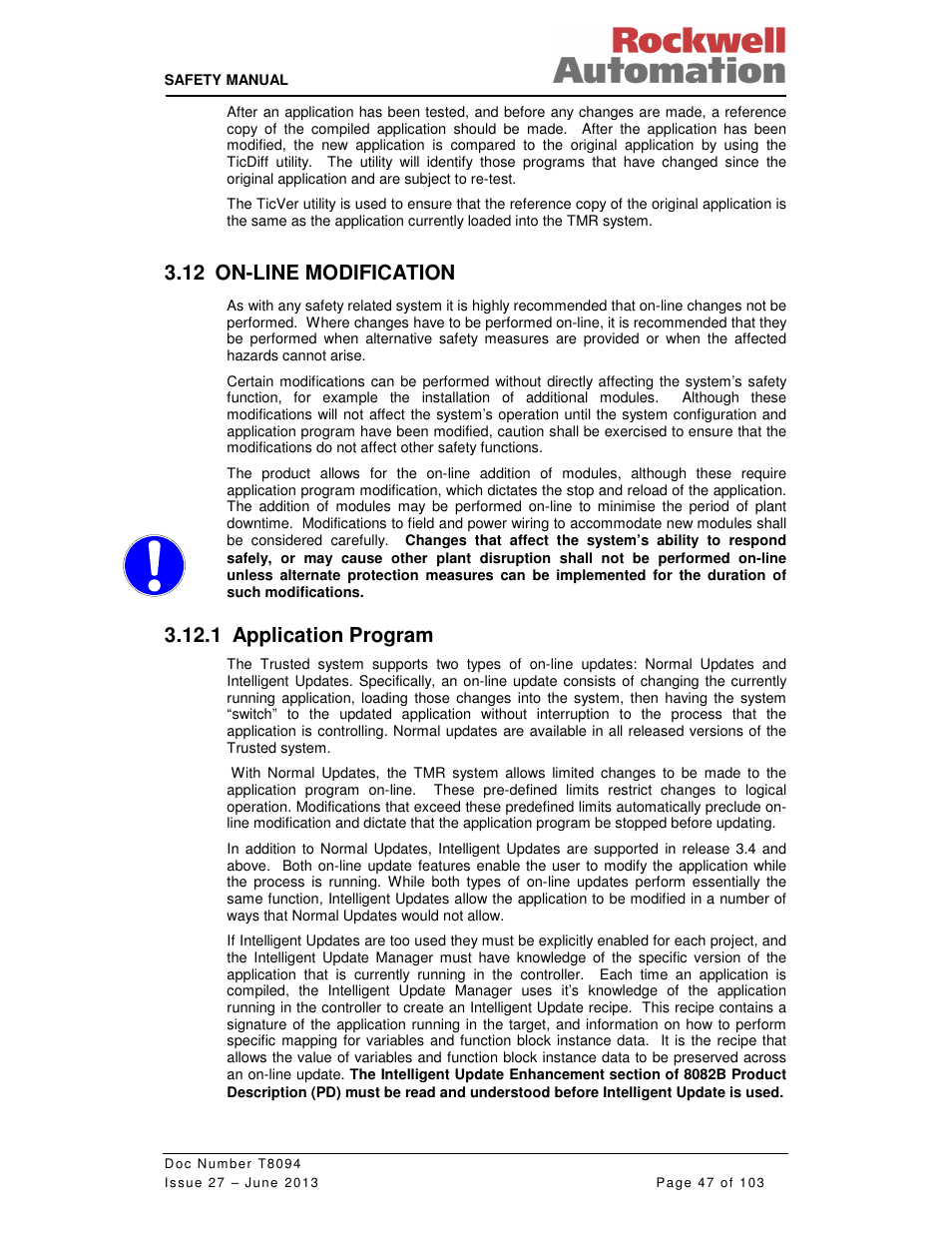 12 on-line modification, 1 application program | Rockwell Automation T8094 8000 Series TMR System Safety Manual User Manual | Page 68 / 124