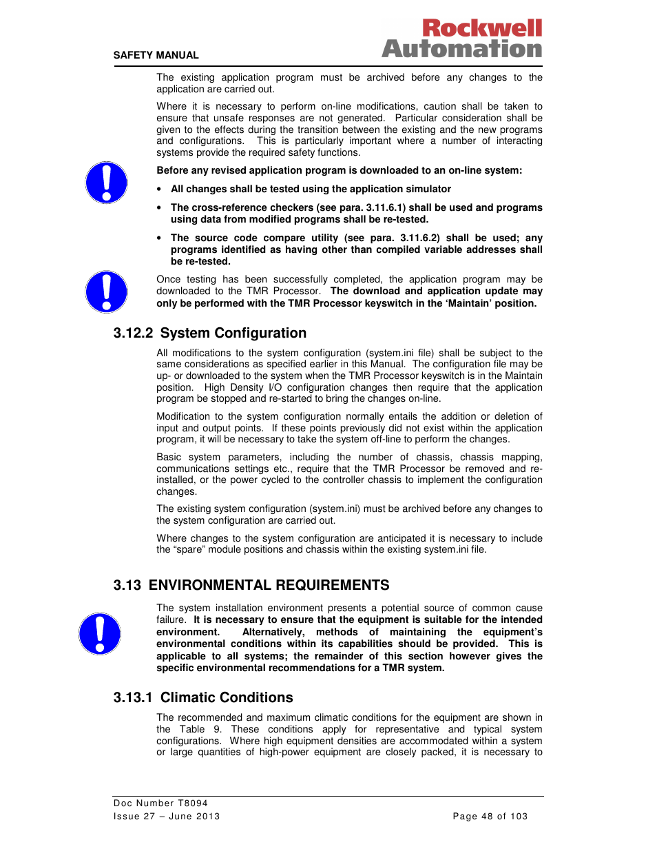 2 system configuration, 13 environmental requirements, 1 climatic conditions | Rockwell Automation T8094 8000 Series TMR System Safety Manual User Manual | Page 69 / 124