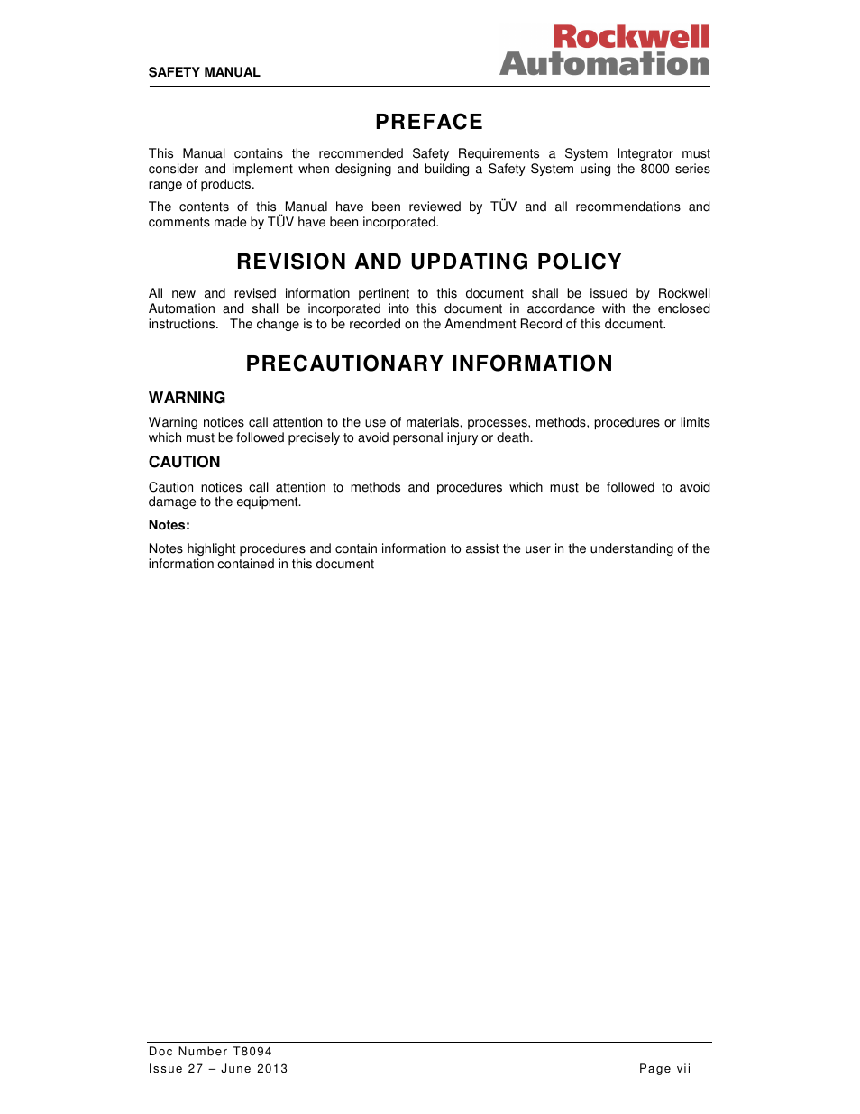 Preface, Revision and updating policy, Precautionary information | Rockwell Automation T8094 8000 Series TMR System Safety Manual User Manual | Page 7 / 124