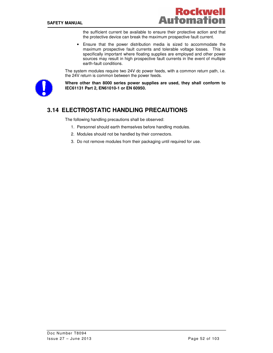 14 electrostatic handling precautions | Rockwell Automation T8094 8000 Series TMR System Safety Manual User Manual | Page 73 / 124