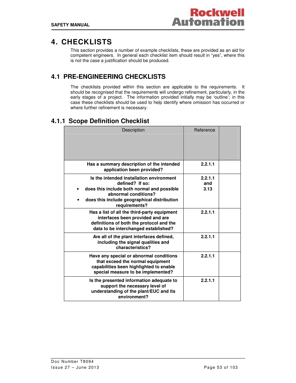 Checklists, 1 pre-engineering checklists, 1 scope definition checklist | Rockwell Automation T8094 8000 Series TMR System Safety Manual User Manual | Page 74 / 124