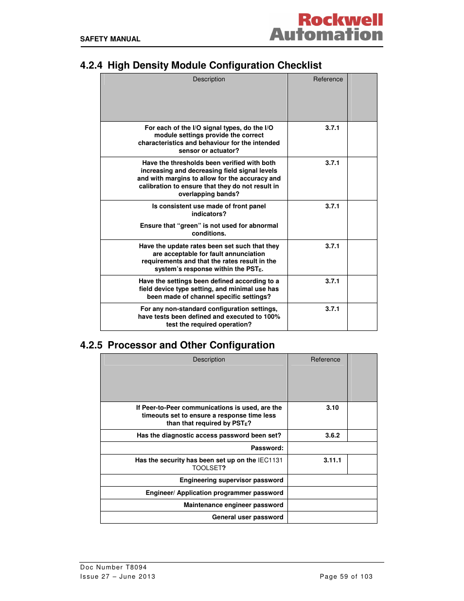 4 high density module configuration checklist, 5 processor and other configuration | Rockwell Automation T8094 8000 Series TMR System Safety Manual User Manual | Page 80 / 124