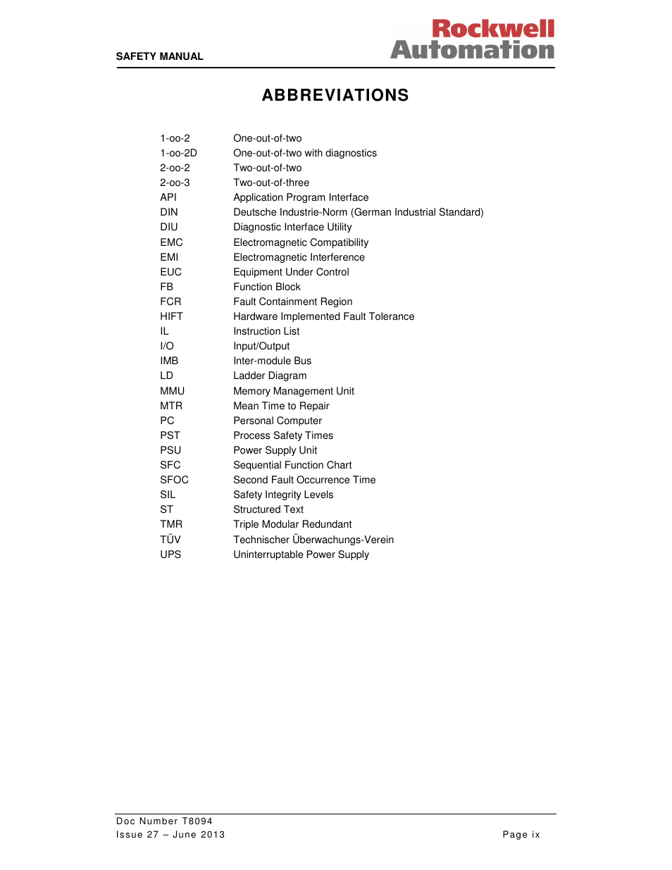 Abbreviations | Rockwell Automation T8094 8000 Series TMR System Safety Manual User Manual | Page 9 / 124