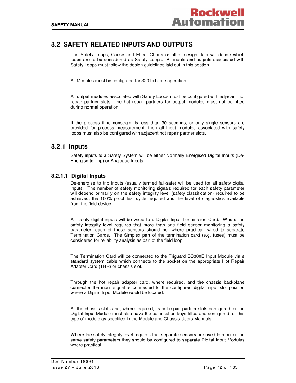 2 safety related inputs and outputs, 1 inputs | Rockwell Automation T8094 8000 Series TMR System Safety Manual User Manual | Page 93 / 124