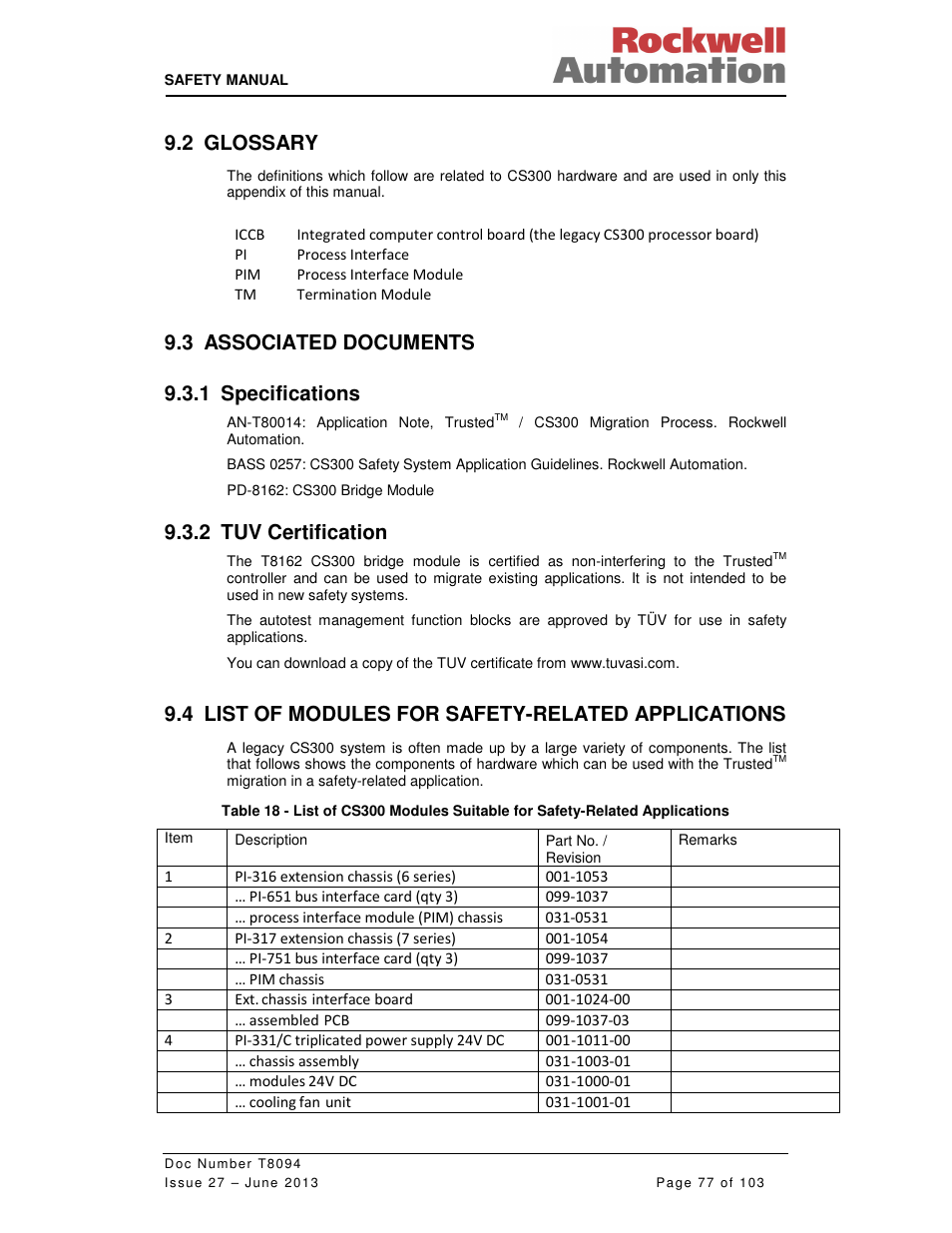 2 glossary, 3 associated documents 9.3.1 specifications, 2 tuv certification | 4 list of modules for safety-related applications | Rockwell Automation T8094 8000 Series TMR System Safety Manual User Manual | Page 98 / 124