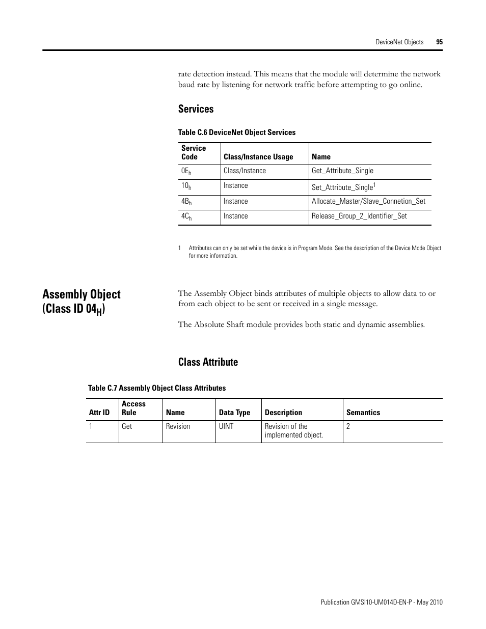 Assembly object (class id 04h), Class attribute, Assembly object (class id 04 | Services | Rockwell Automation 1440-VLF02-01RA XM-121 Absolute Shaft Module User Manual | Page 103 / 158