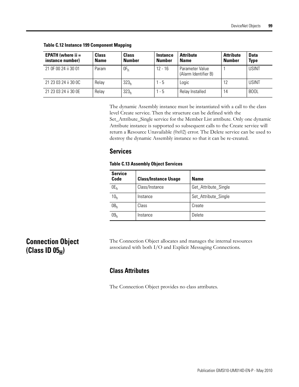 Connection object (class id 05h), Class attributes, Connection object (class id 05 | Services | Rockwell Automation 1440-VLF02-01RA XM-121 Absolute Shaft Module User Manual | Page 107 / 158