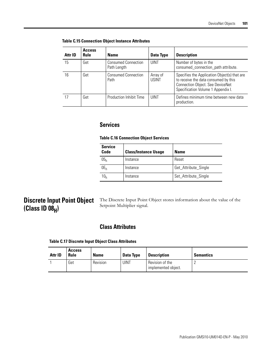 Services, Discrete input point object (class id 08h), Class attributes | Discrete input point object (class id 08 | Rockwell Automation 1440-VLF02-01RA XM-121 Absolute Shaft Module User Manual | Page 109 / 158