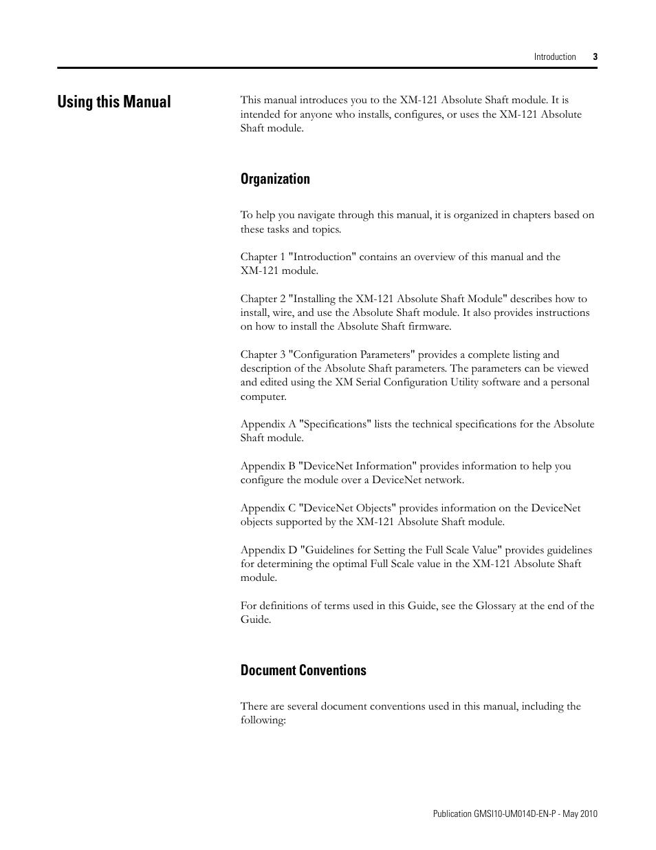 Using this manual, Organization, Document conventions | Organization document conventions | Rockwell Automation 1440-VLF02-01RA XM-121 Absolute Shaft Module User Manual | Page 11 / 158