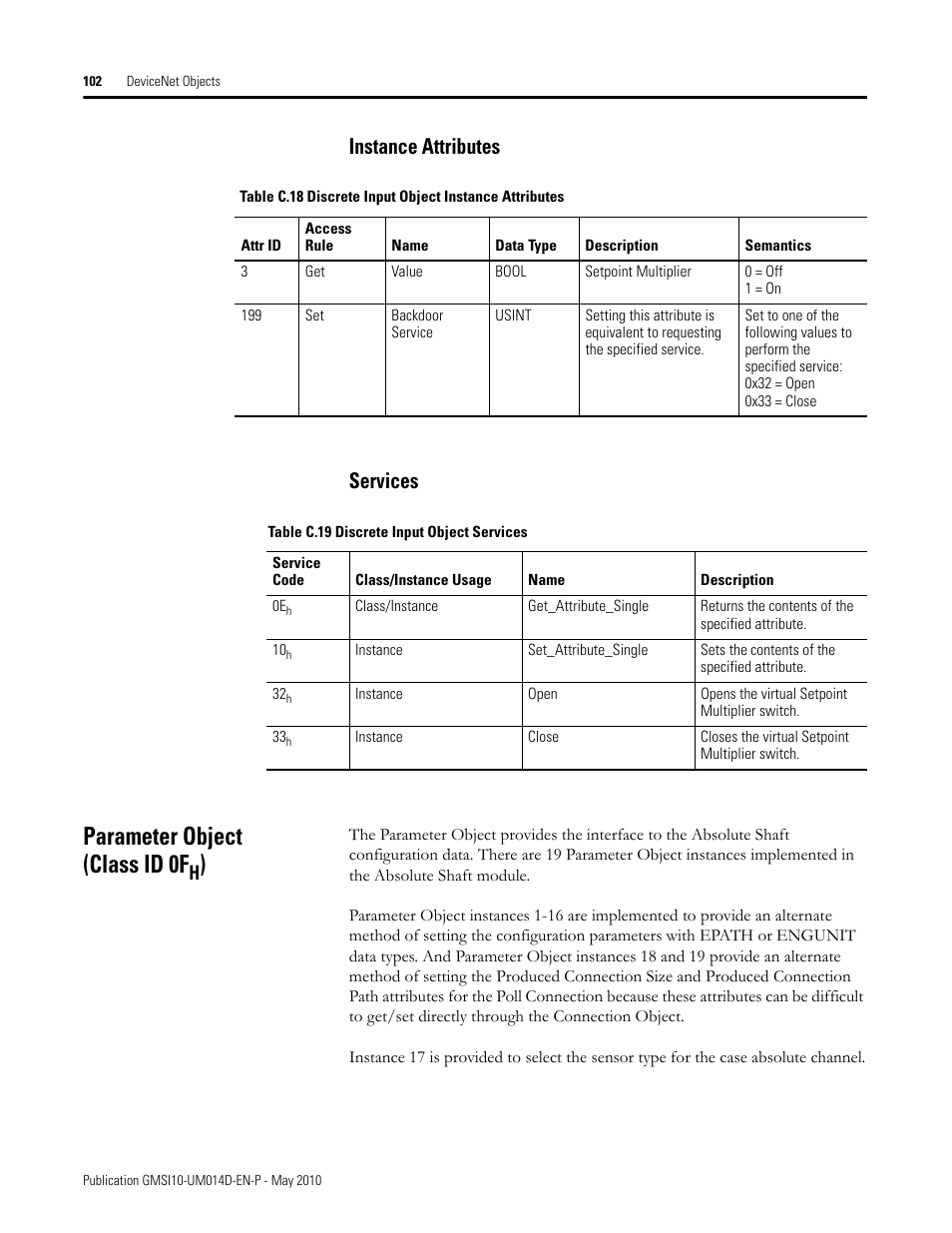 Instance attributes, Services, Parameter object (class id 0fh) | Instance attributes services, Parameter object (class id 0f | Rockwell Automation 1440-VLF02-01RA XM-121 Absolute Shaft Module User Manual | Page 110 / 158