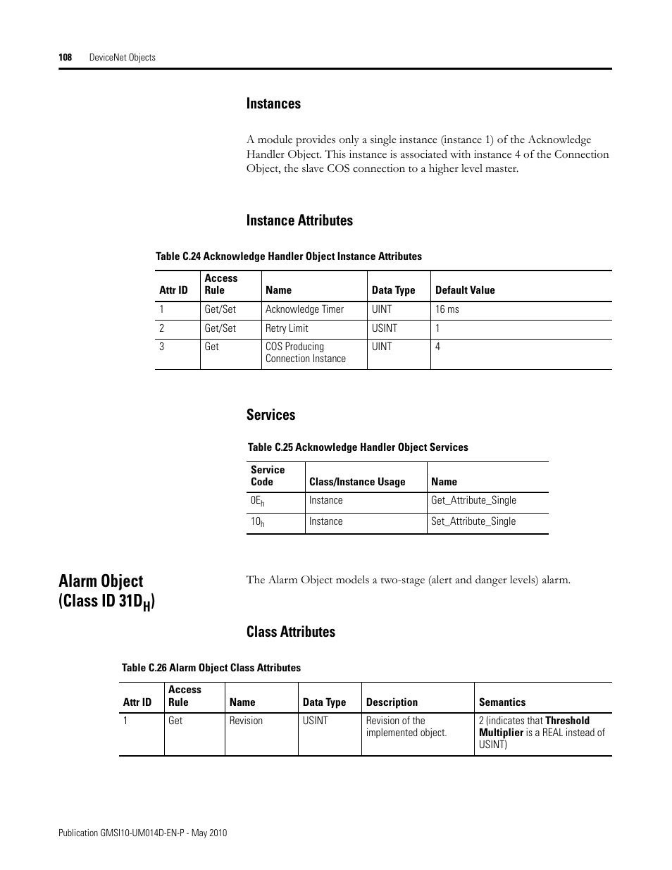 Instances, Instance attributes, Services | Alarm object (class id 31dh), Class attributes, Instances instance attributes services, Alarm object (class id 31d, Instance attributes services | Rockwell Automation 1440-VLF02-01RA XM-121 Absolute Shaft Module User Manual | Page 116 / 158