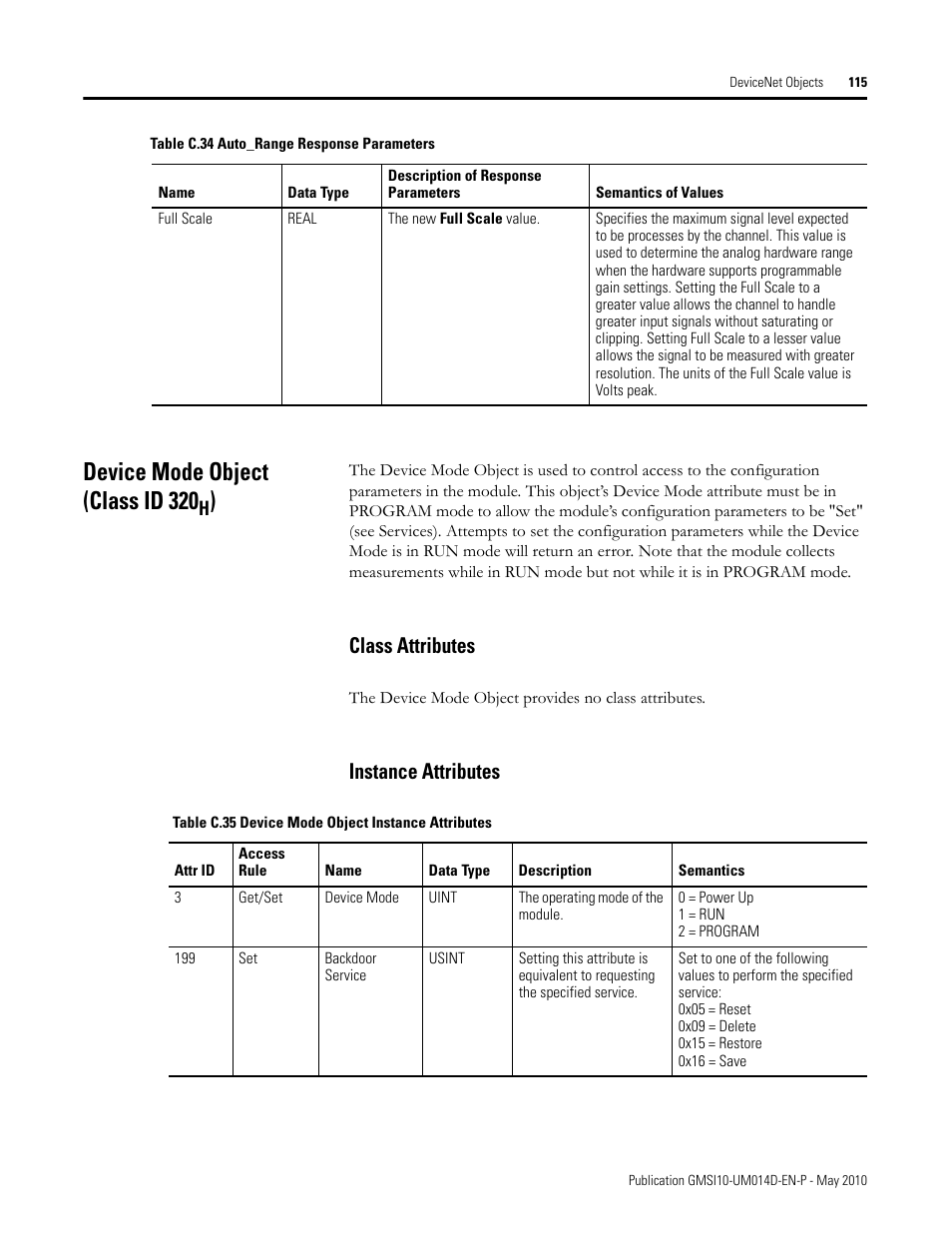 Device mode object (class id 320h), Class attributes, Instance attributes | Class attributes instance attributes, Device mode object (class id 320 | Rockwell Automation 1440-VLF02-01RA XM-121 Absolute Shaft Module User Manual | Page 123 / 158