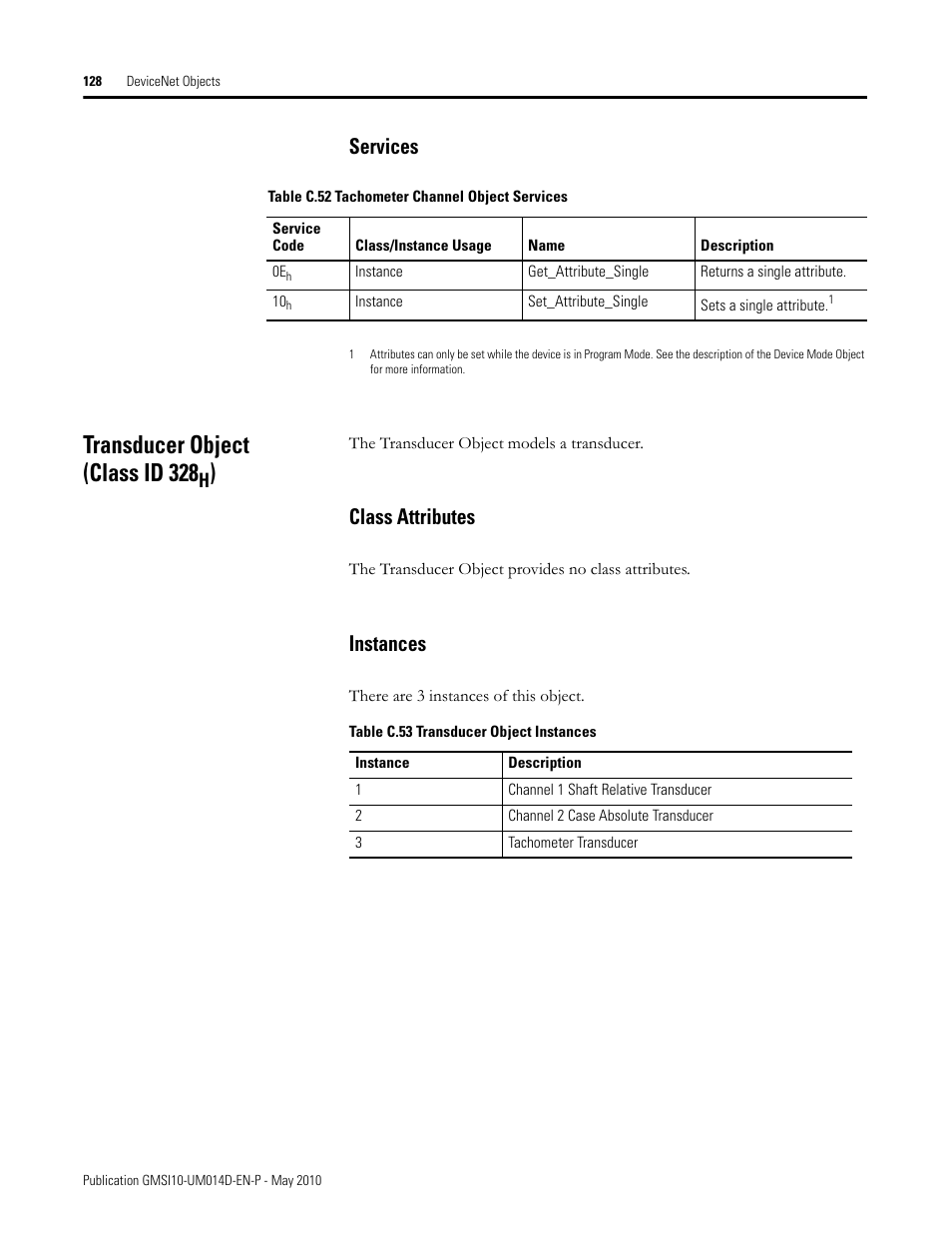 Services, Transducer object (class id 328h), Class attributes | Instances, Class attributes instances, Transducer object (class id 328 | Rockwell Automation 1440-VLF02-01RA XM-121 Absolute Shaft Module User Manual | Page 136 / 158