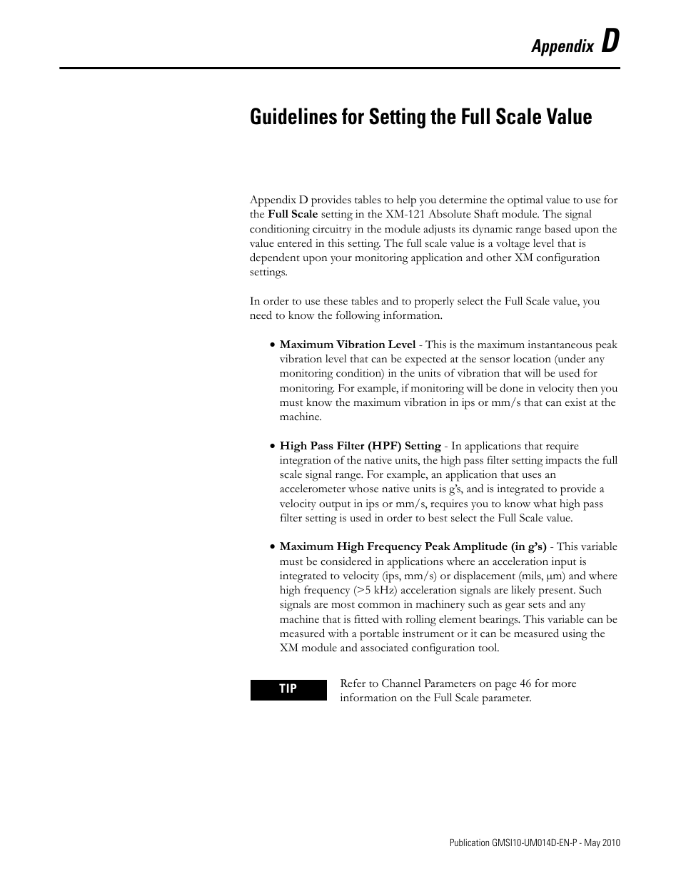 Guidelines for setting the full scale value, Appendix d, Appendix | Rockwell Automation 1440-VLF02-01RA XM-121 Absolute Shaft Module User Manual | Page 143 / 158