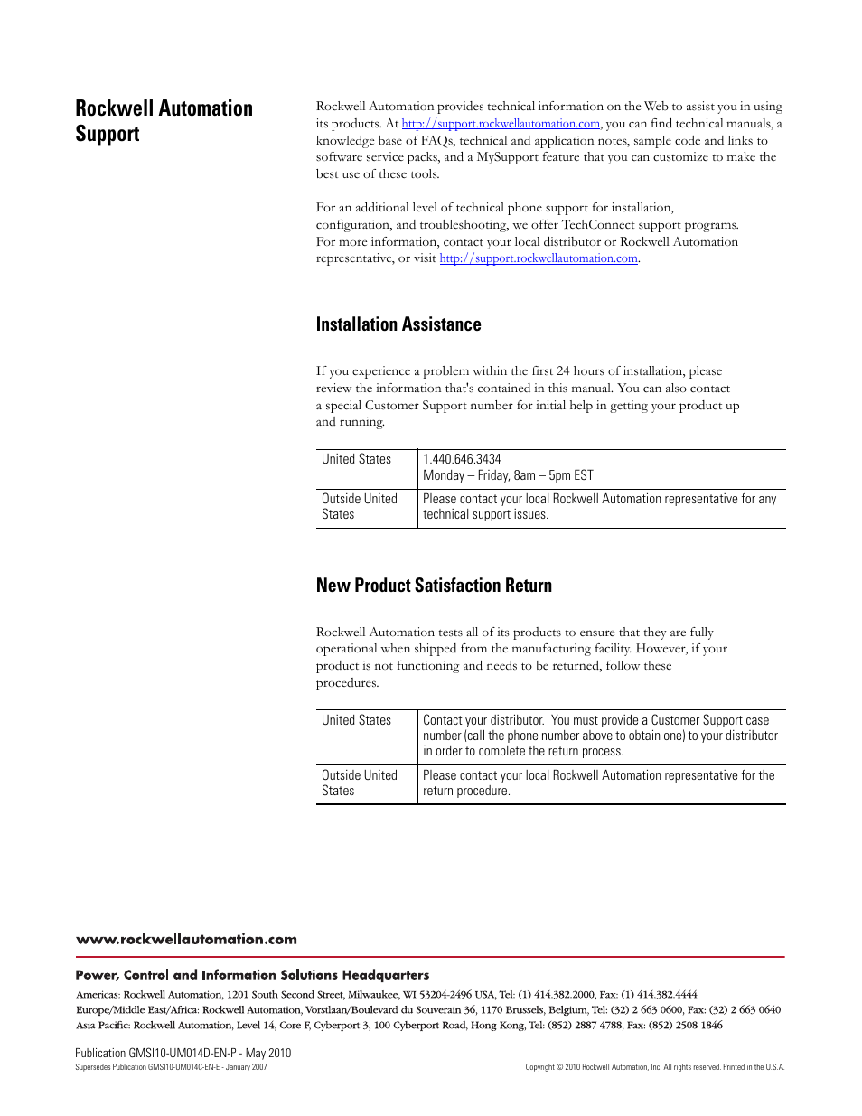 Rockwell automation support, Installation assistance, New product satisfaction return | Rockwell Automation 1440-VLF02-01RA XM-121 Absolute Shaft Module User Manual | Page 158 / 158