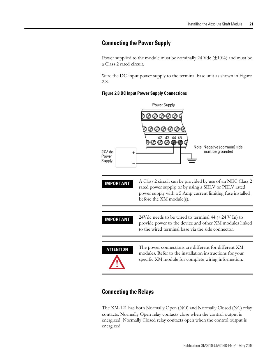 Connecting the power supply, Connecting the relays, Connecting the power supply connecting the relays | Rockwell Automation 1440-VLF02-01RA XM-121 Absolute Shaft Module User Manual | Page 29 / 158