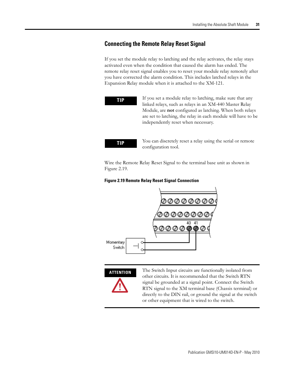 Connecting the remote relay reset signal | Rockwell Automation 1440-VLF02-01RA XM-121 Absolute Shaft Module User Manual | Page 39 / 158